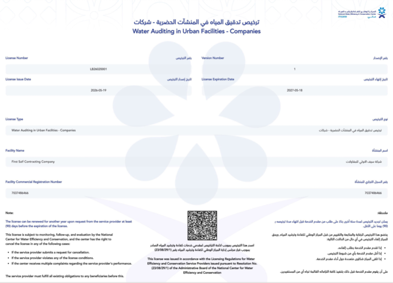 ترخيص تدقيق المياه في المنشات الحضرية